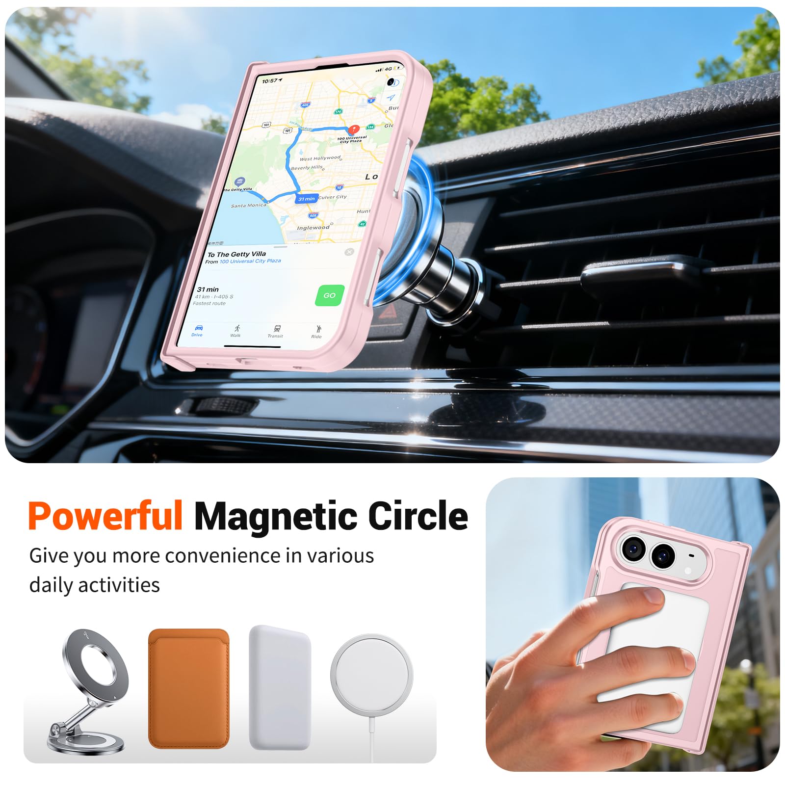 SUPFINE Coque magnétique pour iPhone Duo Rose clair avec charnière complète
