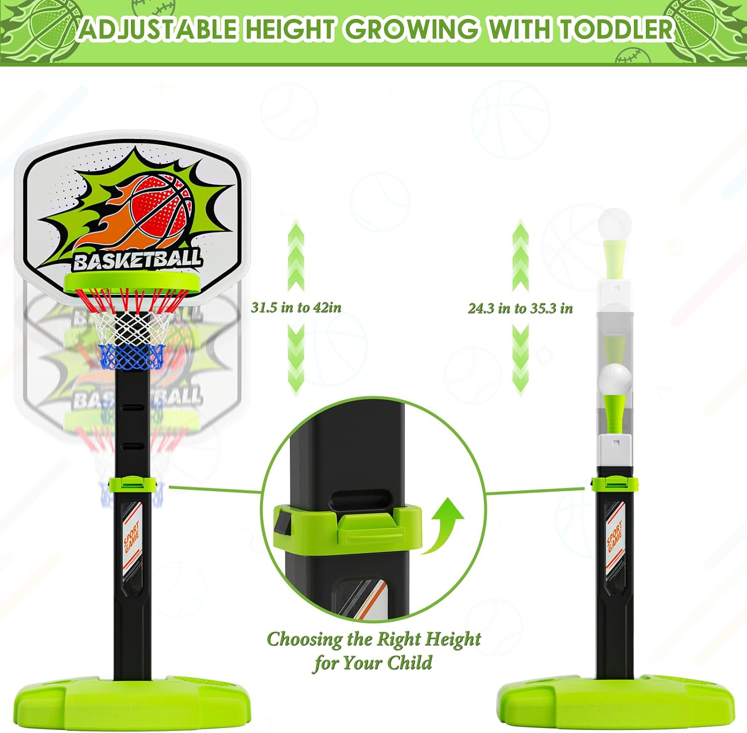 Basketball Toys Set for Boys Kids Arcade Basketball Hoop for Toddlers Baseball Tee with Automatic Pitching Machine Adjustable Height Indoor and Outdoor Sports Toys Christmas Birthday Gifts for Boys