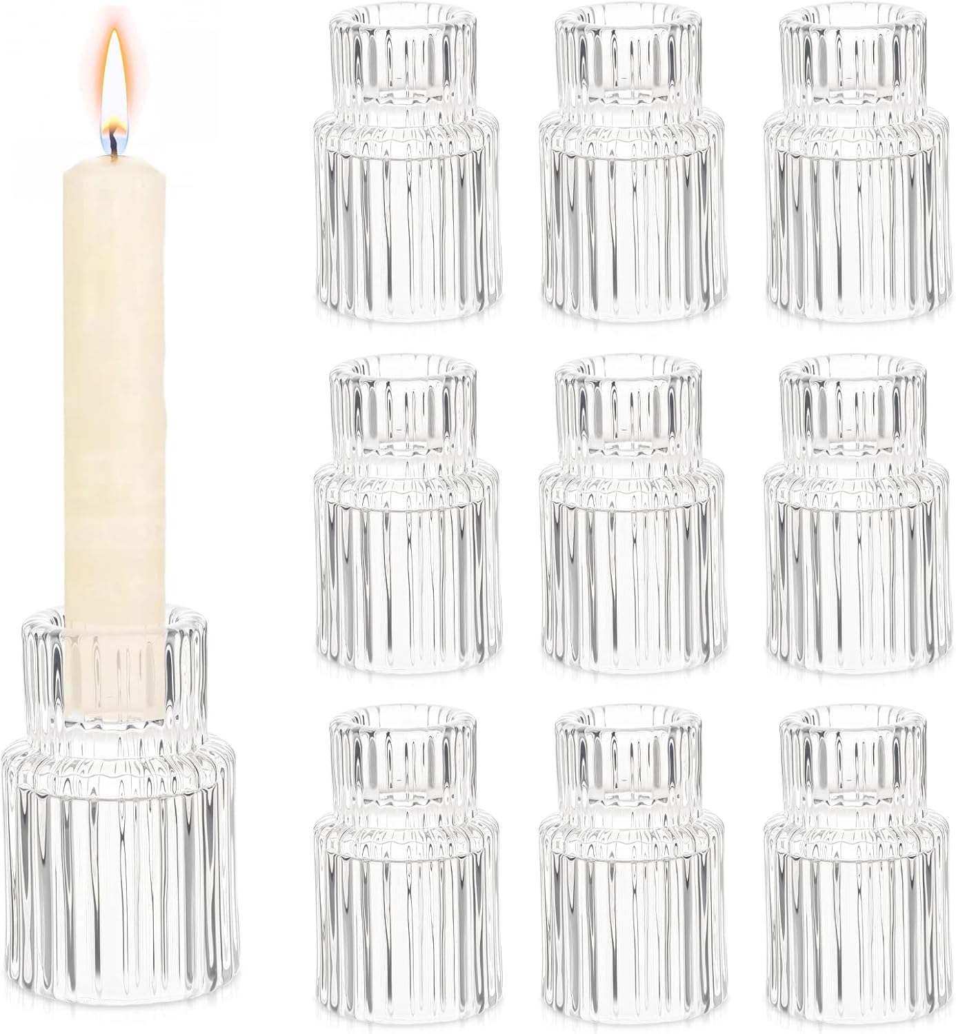 10Pcs Glass Candle Holder for Candlestick - Clear Small Tapered Candle Holder Wedding Decor Table Centerpiece Bulk for Candle Sticks Christmas Party Living Room Dinner Advent
