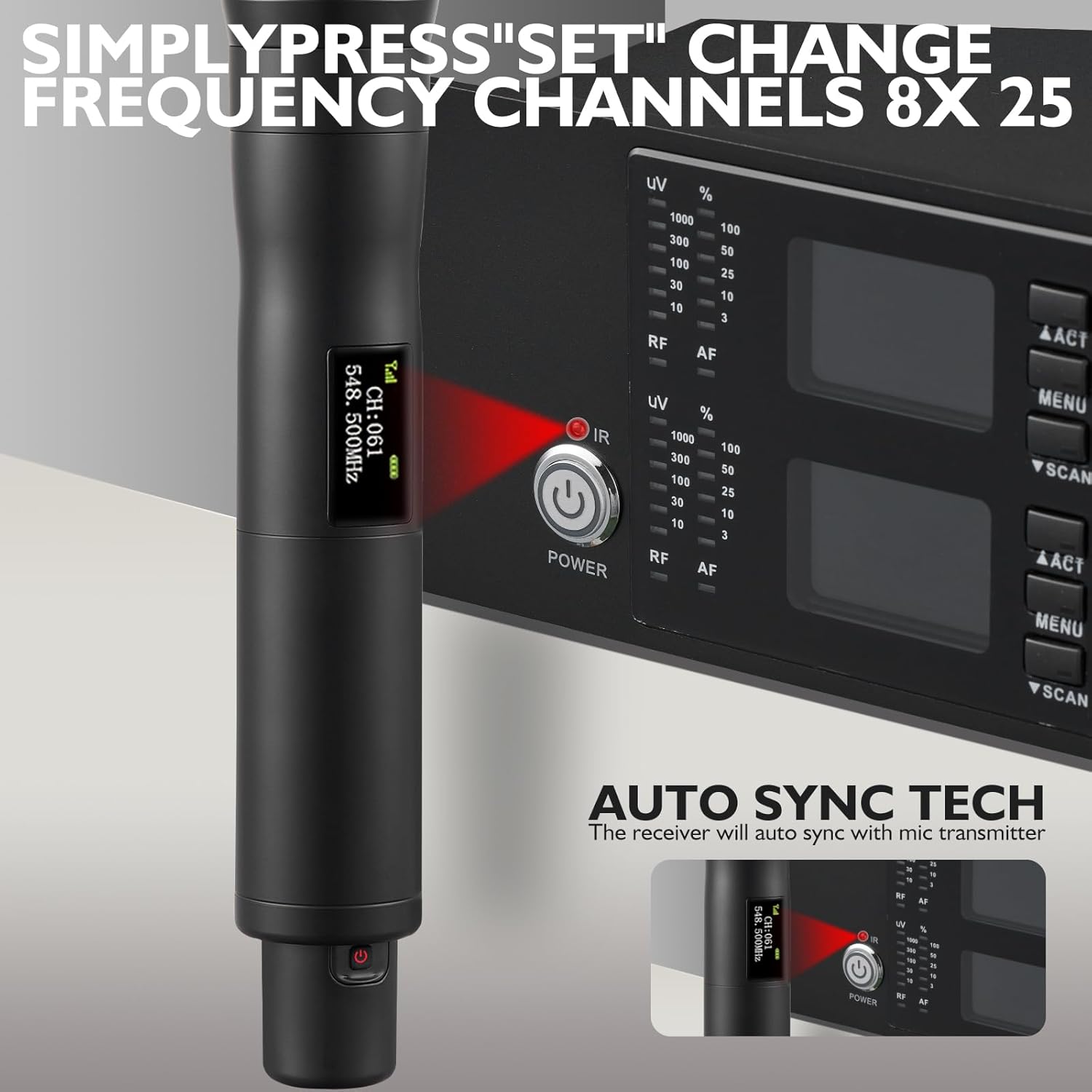 Wireless Microphone System, 8-Channel Wireless Mic, w/ 8 Handheld Dynamic Microphones, Auto Scan,8x25 UHF Frequencies, 328ft Range, Mics for Singing,Church, Karaoke - Image 6