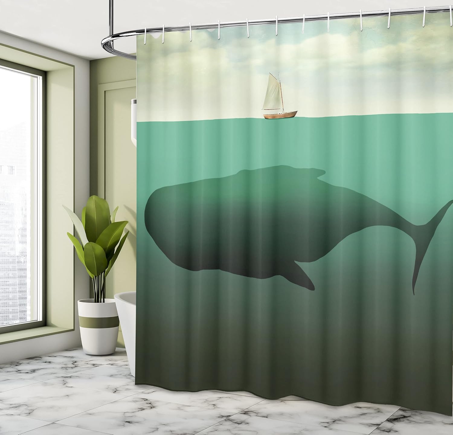 Ambesonne Fantasy Shower Curtain, Surreal Giant Whale in The Middle of Sea and Little Sailboat on The Surface Print, Cloth Fabric Bathroom Decor Set with Hooks, 69" W x 75" L, Green Beige