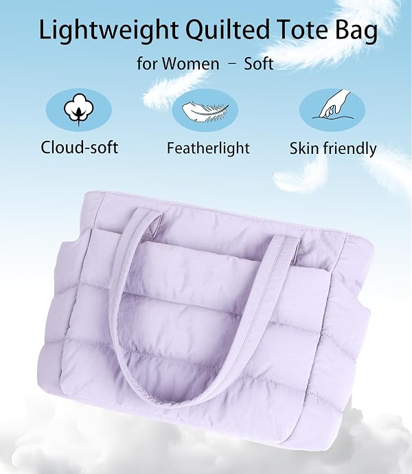 ECLSDL Tote Bag for Women, Lightweight Puffy Quilted Shoulder Bag with Multiple Compartments, Travel Work Gym, Everyday Tote, Light Purple by ECLSDL - Used condition - Image 7