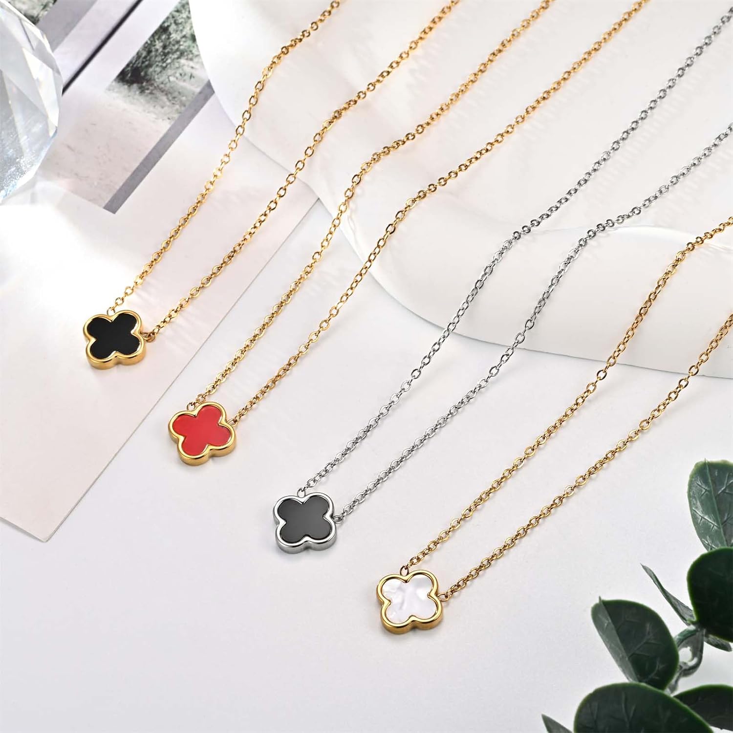 Clover Necklace and Stud Earrings Jewelry Set White Black Red Clover Pendant Necklace 18k Gold Plated Four Leaf Clover Necklace Earrings Set Gifts for Women - Image 5
