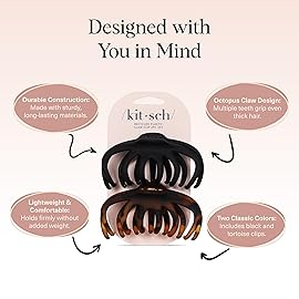 Kitsch Octopus Claw Clips for Women - Cute & Stylish Hair Clips for Everyday Use, Octopus Claw Clip for Thick Hair | Ideal Gifts for Women - Black & Tortoise, 2pcs