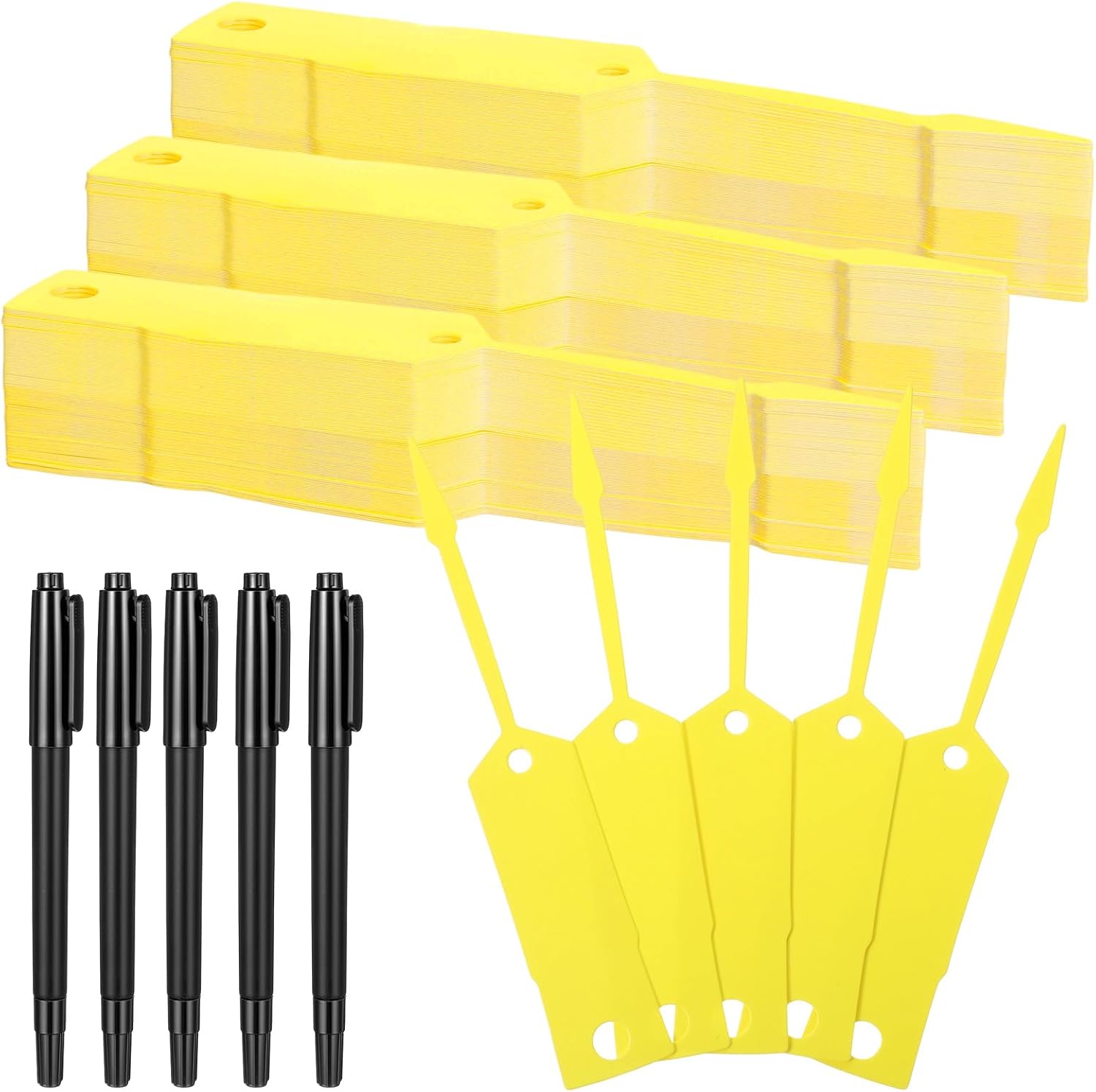 Meyeyaia 2000 Yellow Self-Locking Arrow Key Tags 4.5x0.75in with 5 Pens - Waterproof Plastic ID Labels for Auto Shops