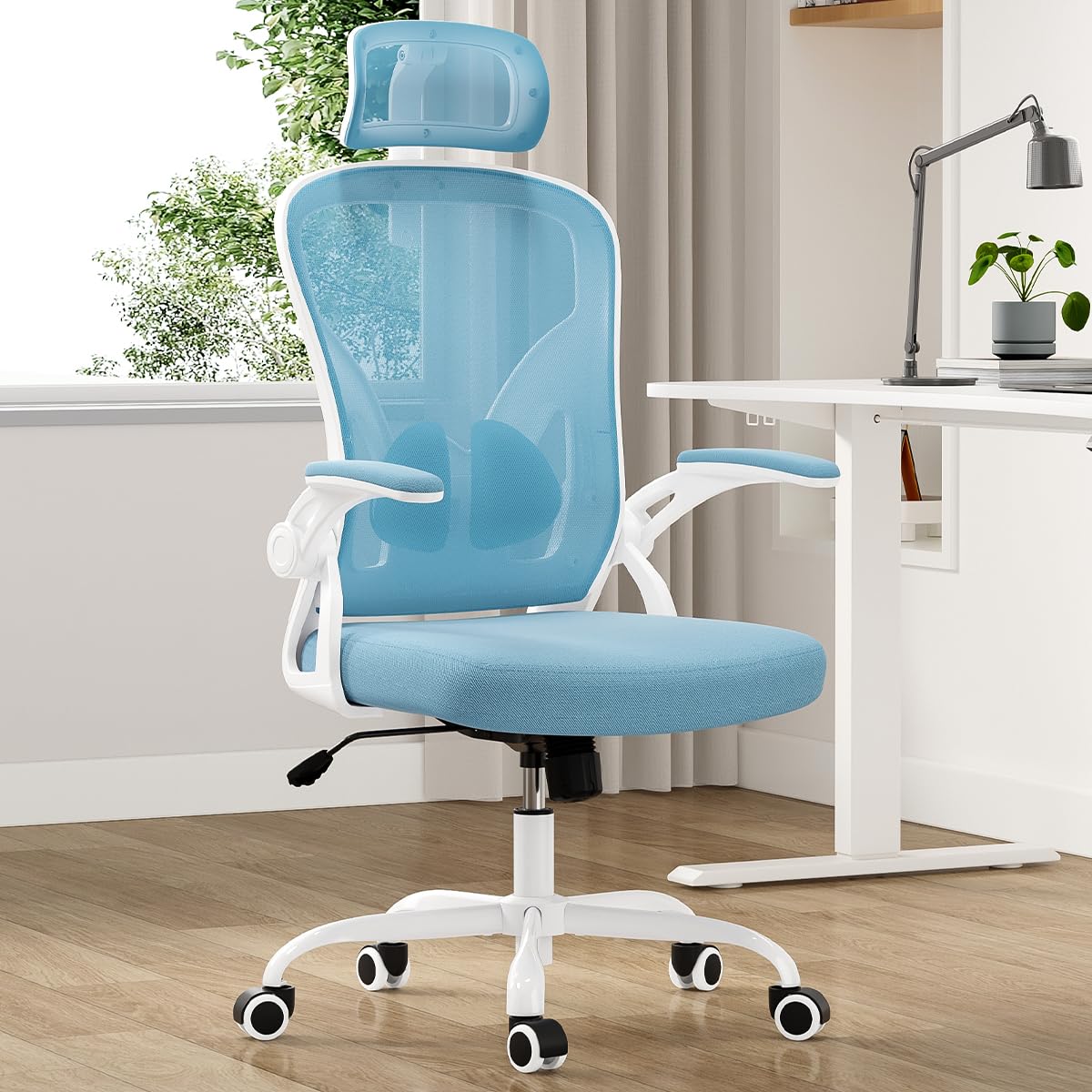 Farini Ergonomic Office Chair, Home Office Desk Chair with Headrest, High Back Computer Chair with Flip-up Armrests and Adjustable Lumbar Support for Home Office Study Room (with Headrest, Blue)