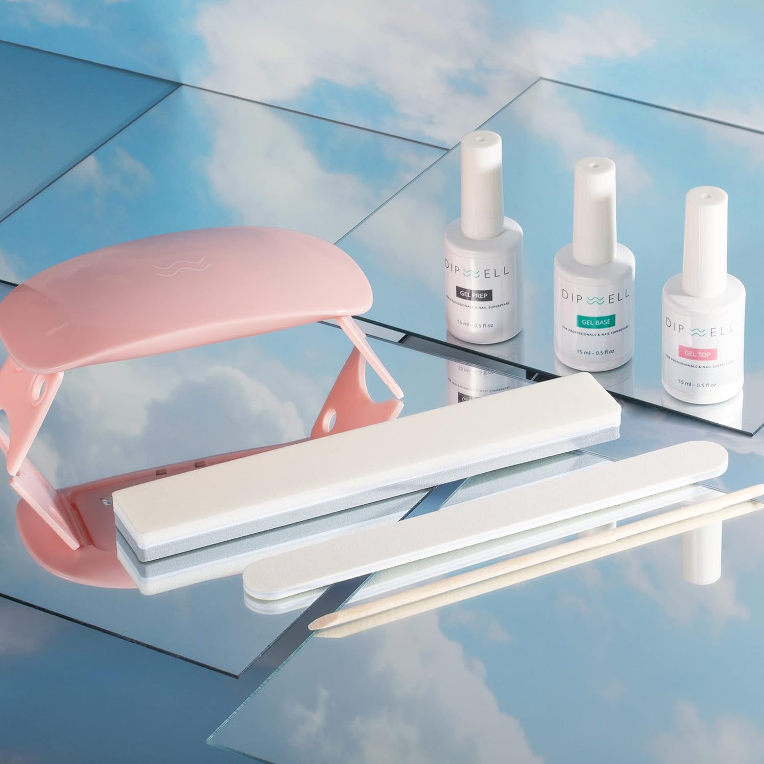 DipGel Essentials Kit, Acrylic Powder and Dip Gel Resin Kit, Starter System by DipWell (Comes With Priming Gel Prep, Self-leveling Gel Base, Non-tacky Gel Top + UV/LED Lamp) Professional Grade
