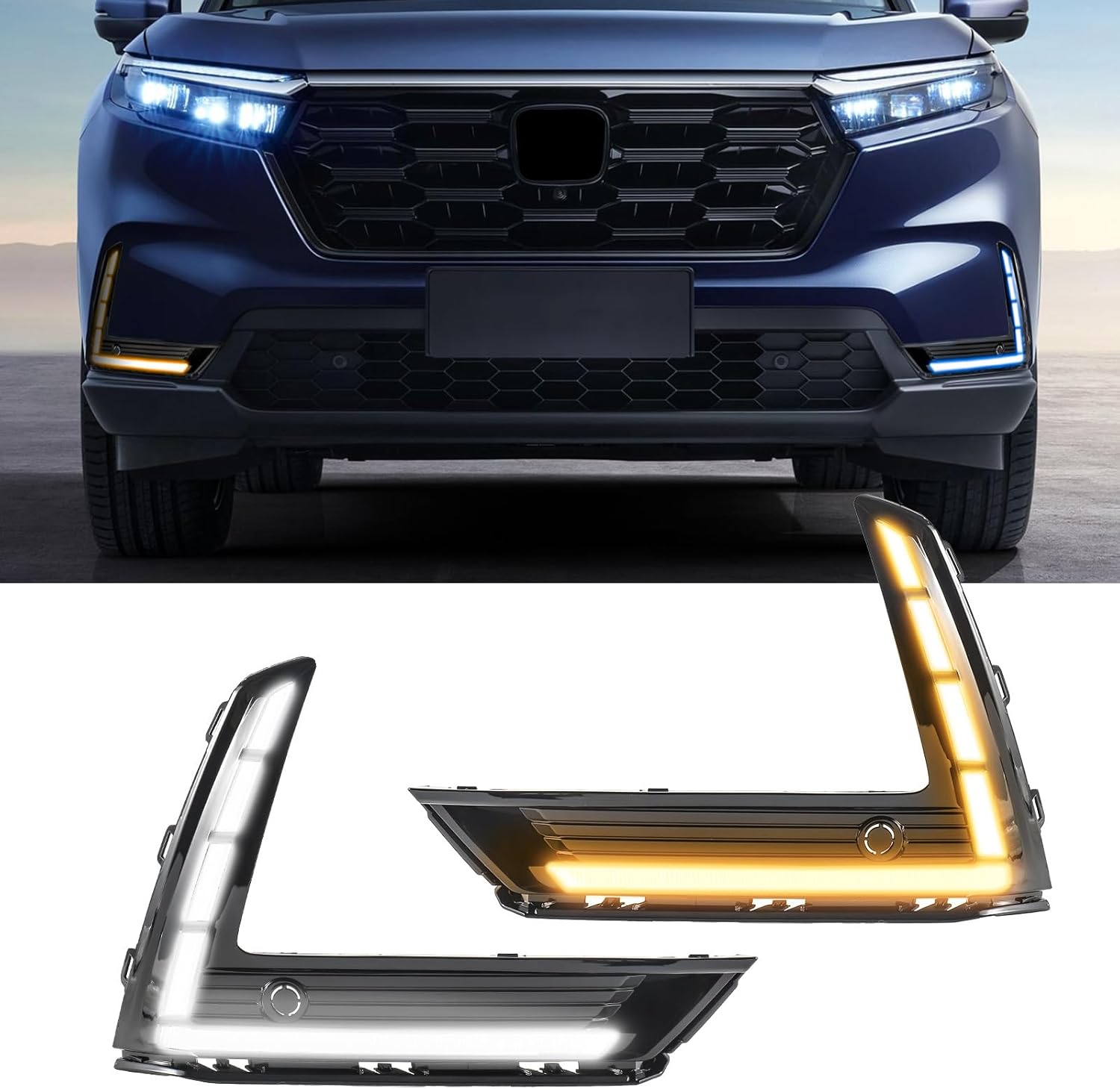 LED Front Bumper Fog Lights White Daytime Running Lights (DRL) Amber Turn Signal Lights Blue Low Beam Lights Compatible with 2023-2026 6th Gen Honda CR-V