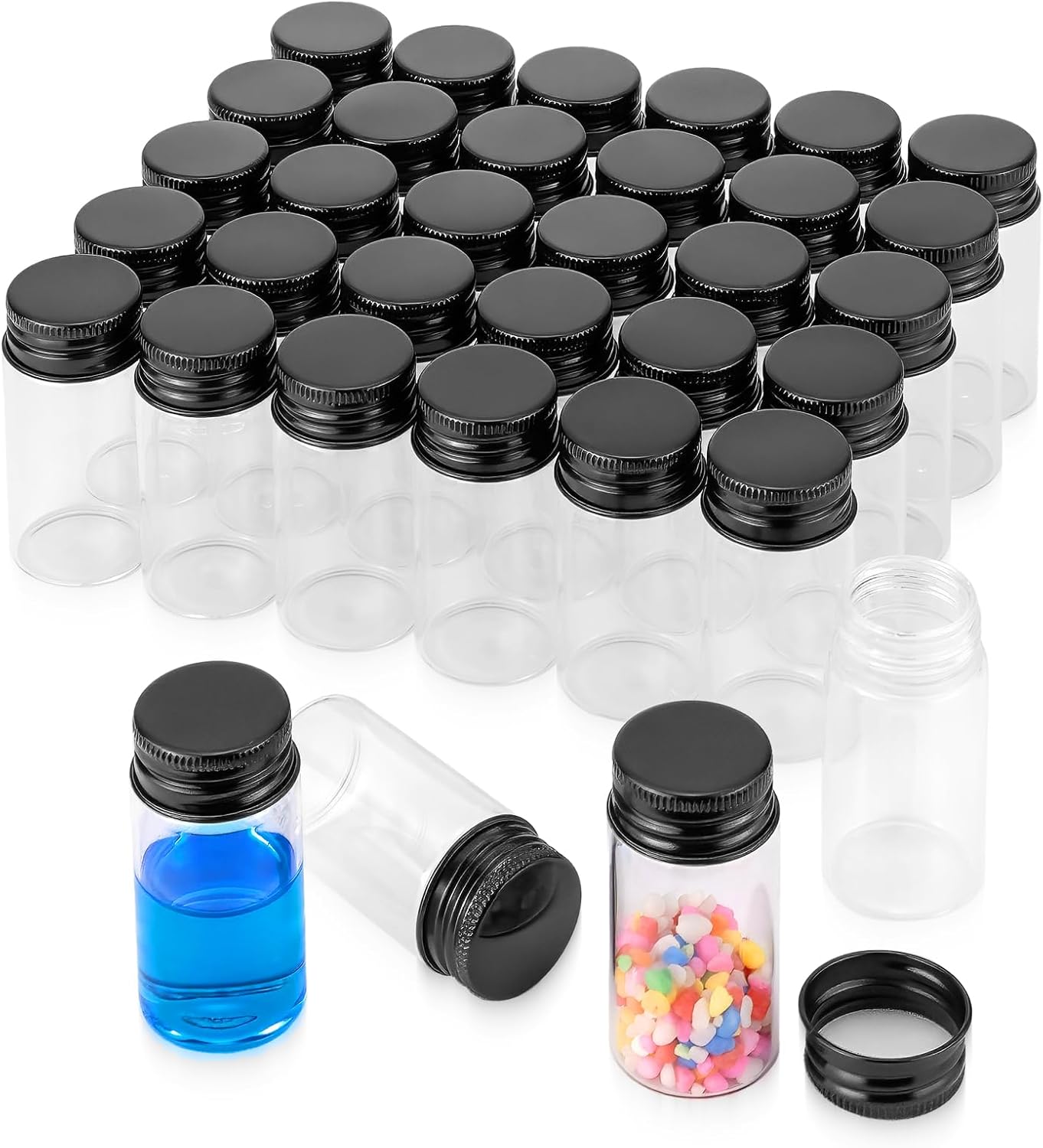 34Pcs 25ml Tiny Jars Glass Vials with Black Aluminum Screw Caps | Small Empty Lab Sample Vials Refillable Bottles for DIY Crafts Essential Oils Storage Wedding Decoration