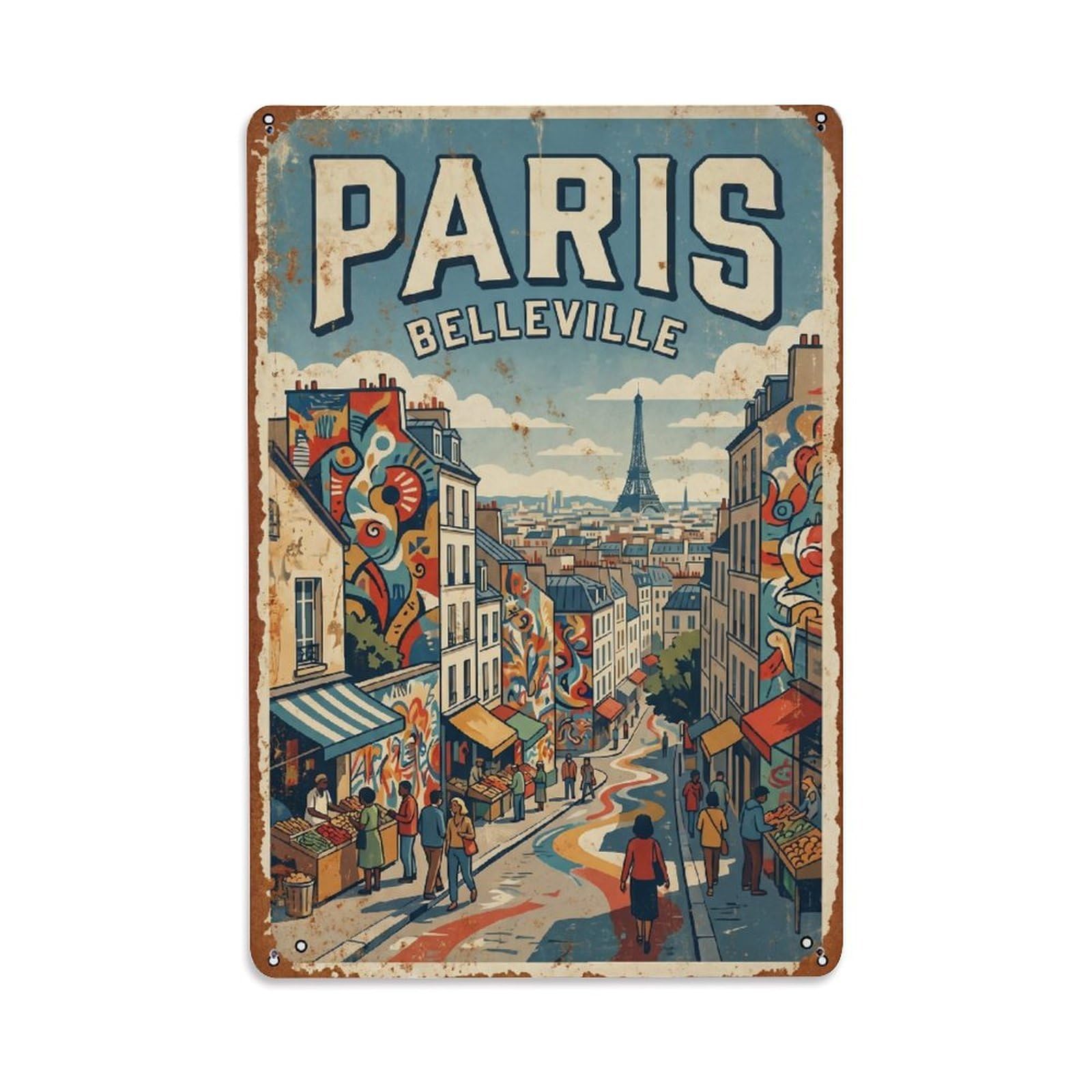 Vintage Travel Paris Belleville Neighborhood Rusted France Metal Tin Sign Plaque Wall Decor for Cafe, Club Bar, Office, Home Garden Metal Poster 8x12Inch