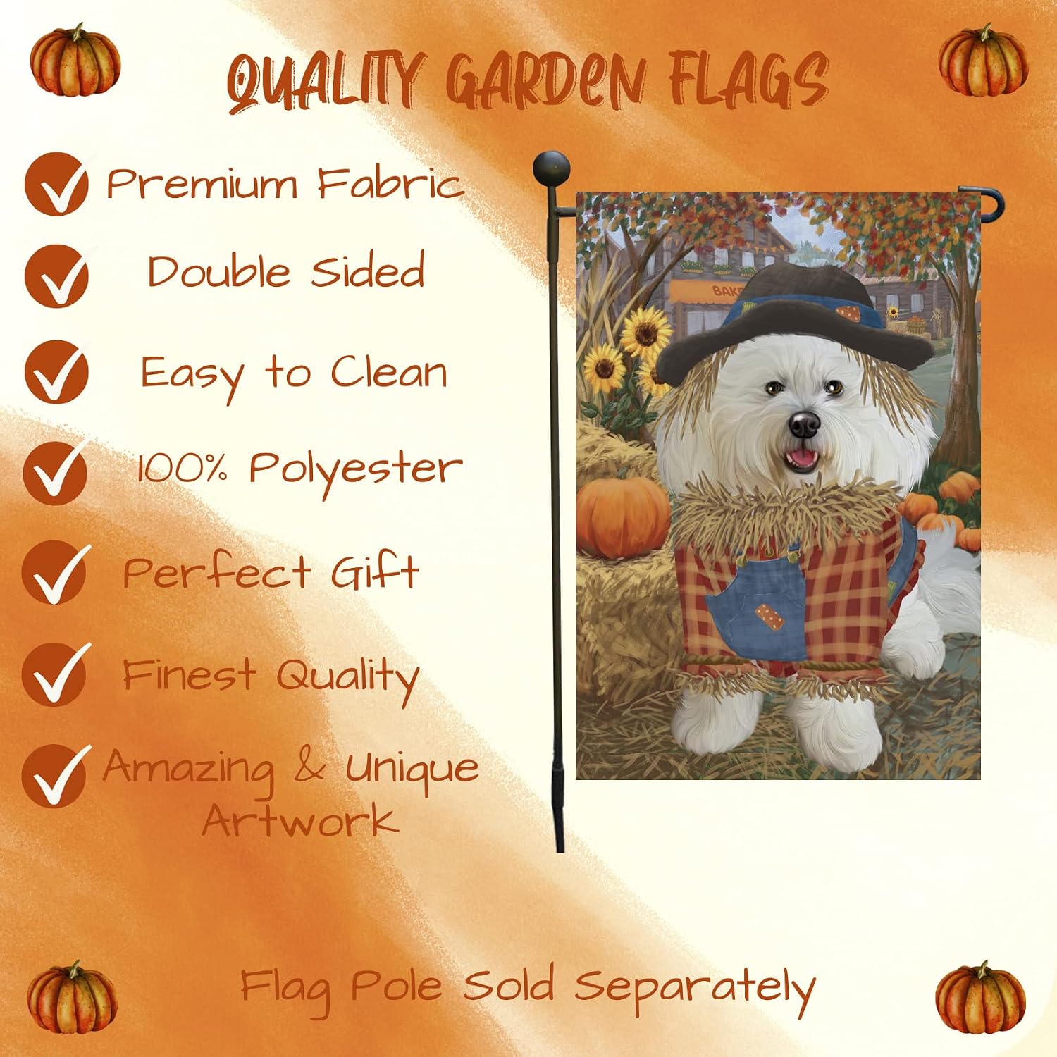 Pumpkin Field Home Decor Garden Flag Bichon Frise Polyester Garden Decorative Flag for Outdoor Lawn and Patio Puppies Thanksgiving Harvest Pumpkin Small Yard Flag 12 1/2"w x 18"h