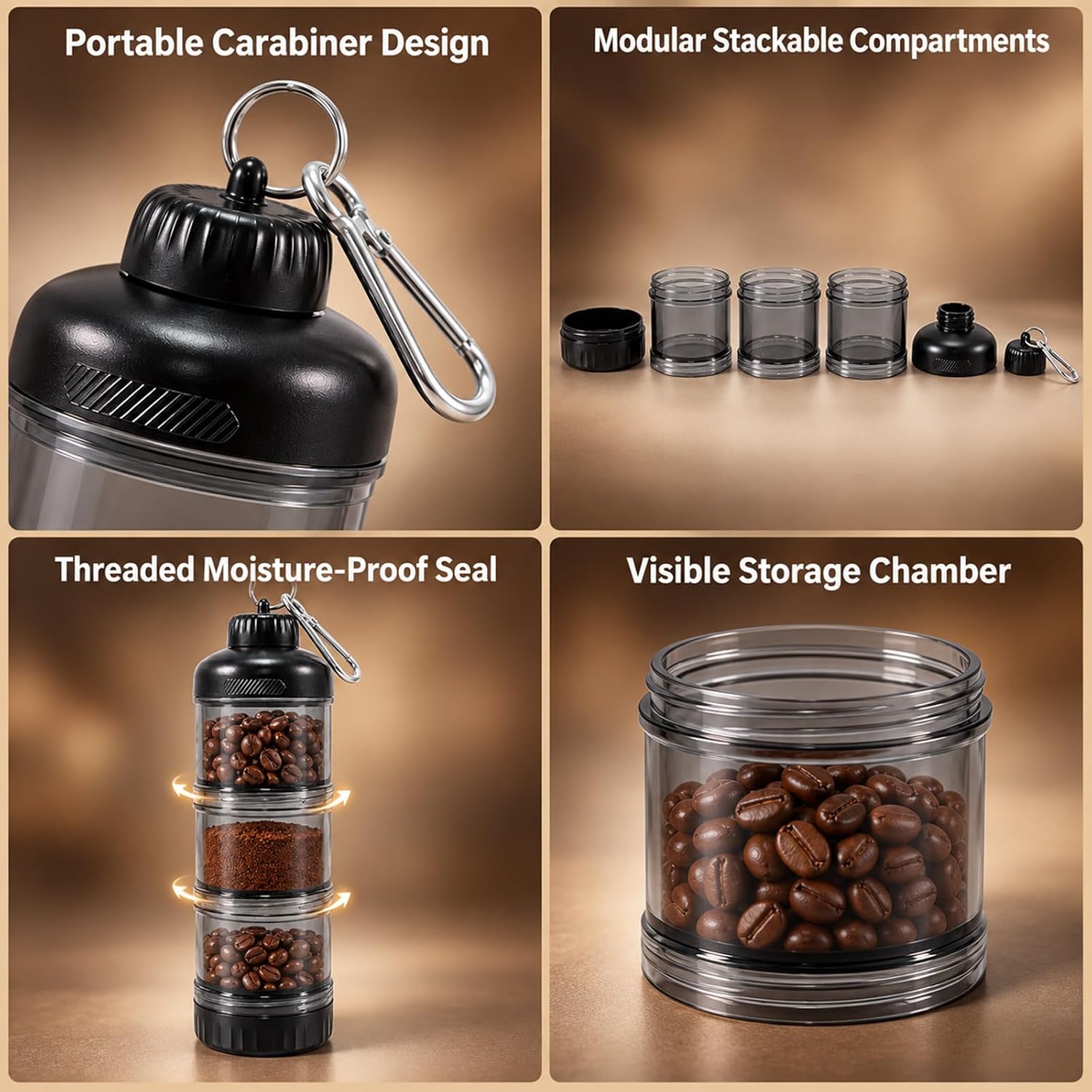 3-Layer Coffee Bean Storage, 6.3oz Coffee Container with Funnel & Keychain