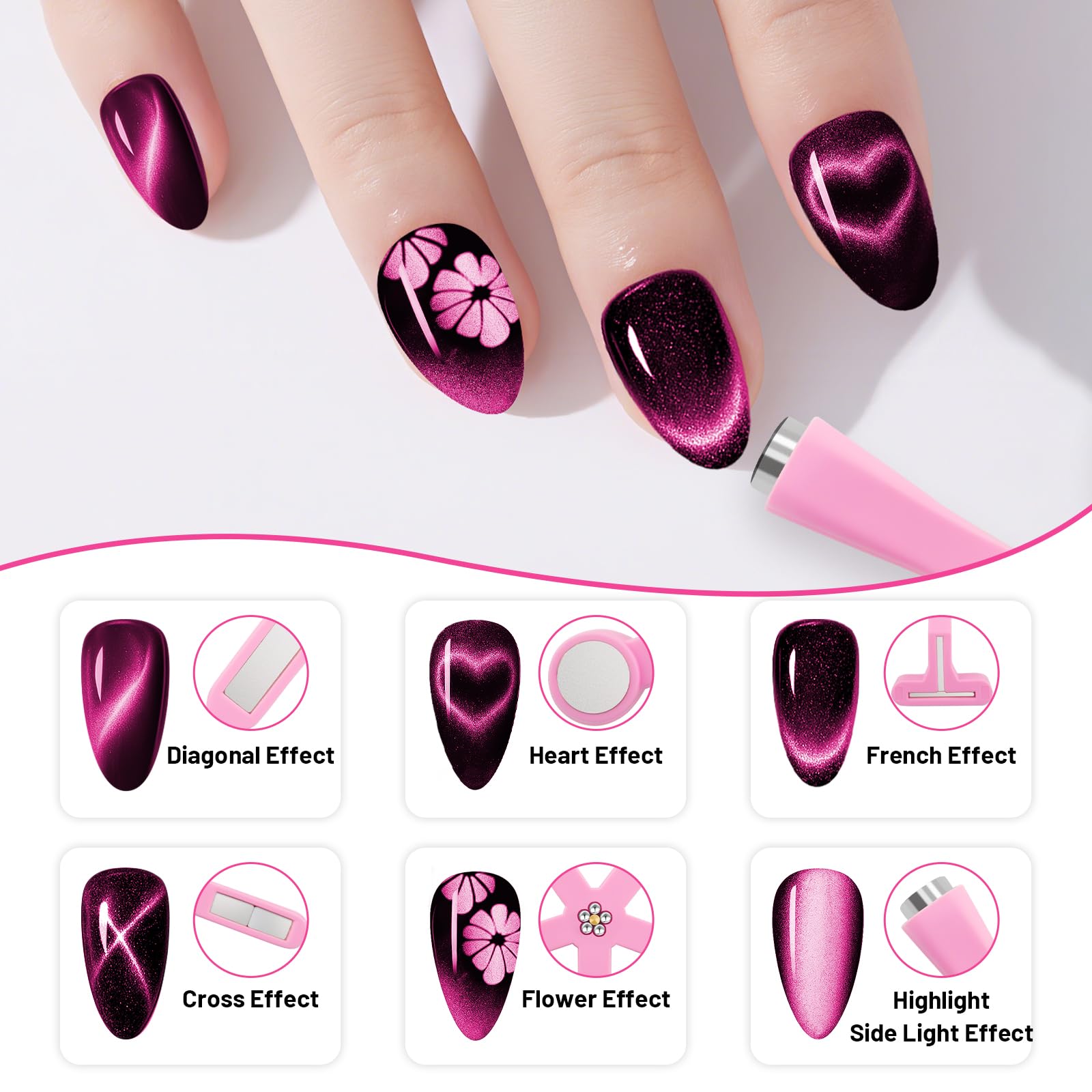 Juego de 3 imanes para arte de uñas, color rosa 6 en 1, forma de Y, doble cabeza y corazón, herramienta magnética para diseños de manicura de gel en salón y hogar 5