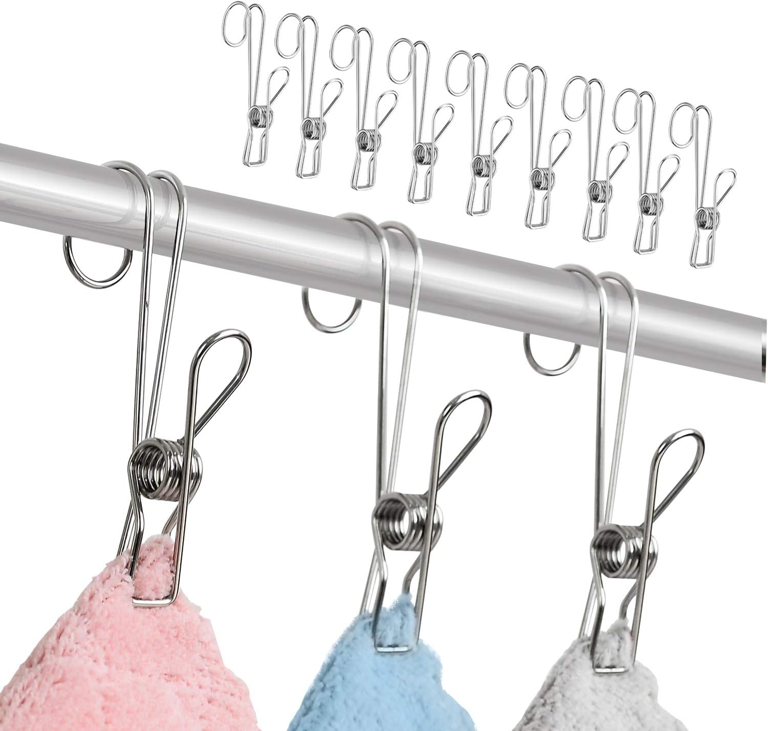 12 Pack 304 Stainless Steel Metal Long Tail Clip with Hooks Clothes Pins Hanging Universal Clips for Kitchen Bathroom Office
