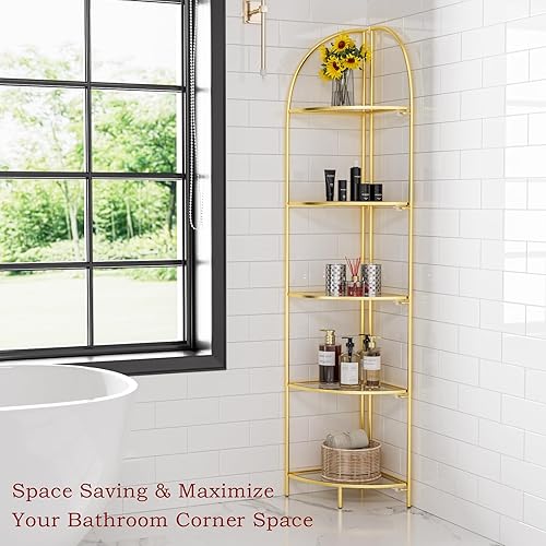 Miniatura 6 de Crofy Estante esquinero plegable de 5 niveles, soporte de esquina de metal para plantas con marco dorado y estantes transparentes, estante de