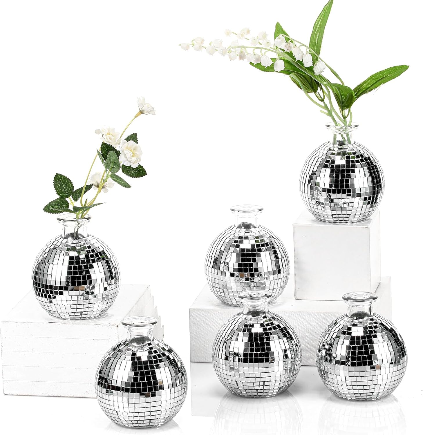 Layhit 6 Pcs Disco Ball Vase for Flower and Plant 4 Inch Small Glass Vase Silver Mirror Mini Disco Ball Planter for Indoor Outdoor Wedding Birthday Home Bedroom Kitchen Office Decoration