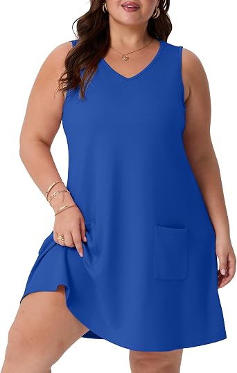 OLRIK Women's Plus Size Summer Dresses Casual V Neck Sleeveless Tank Dress with Pockets A-Line Swing Sundresses