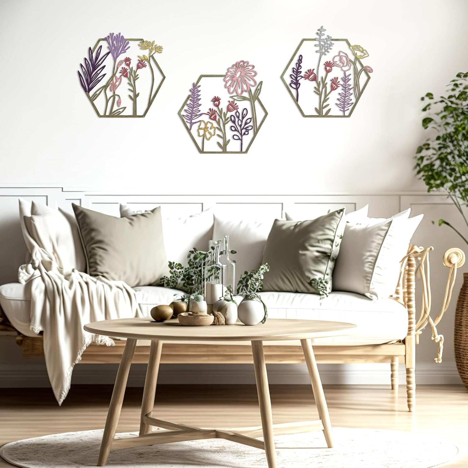 Peryiter 3 Pcs Metal Flower Wall Decor Minimalist Floral Wall Hanging Decor Metal Flower Rustic Floral Art for Spring Living Room Bathroom Kitchen Indoor Outdoor(Colorful)
