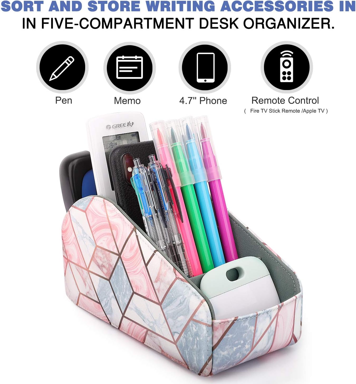 MoKo Remote Control Holder, Leather TV Remote Organizer Remote Caddy Desktop Organizer 5 Compartments for Remote Controllers, Office Supplies, Media Accessory Storage & Organizer - Geometric Marble
