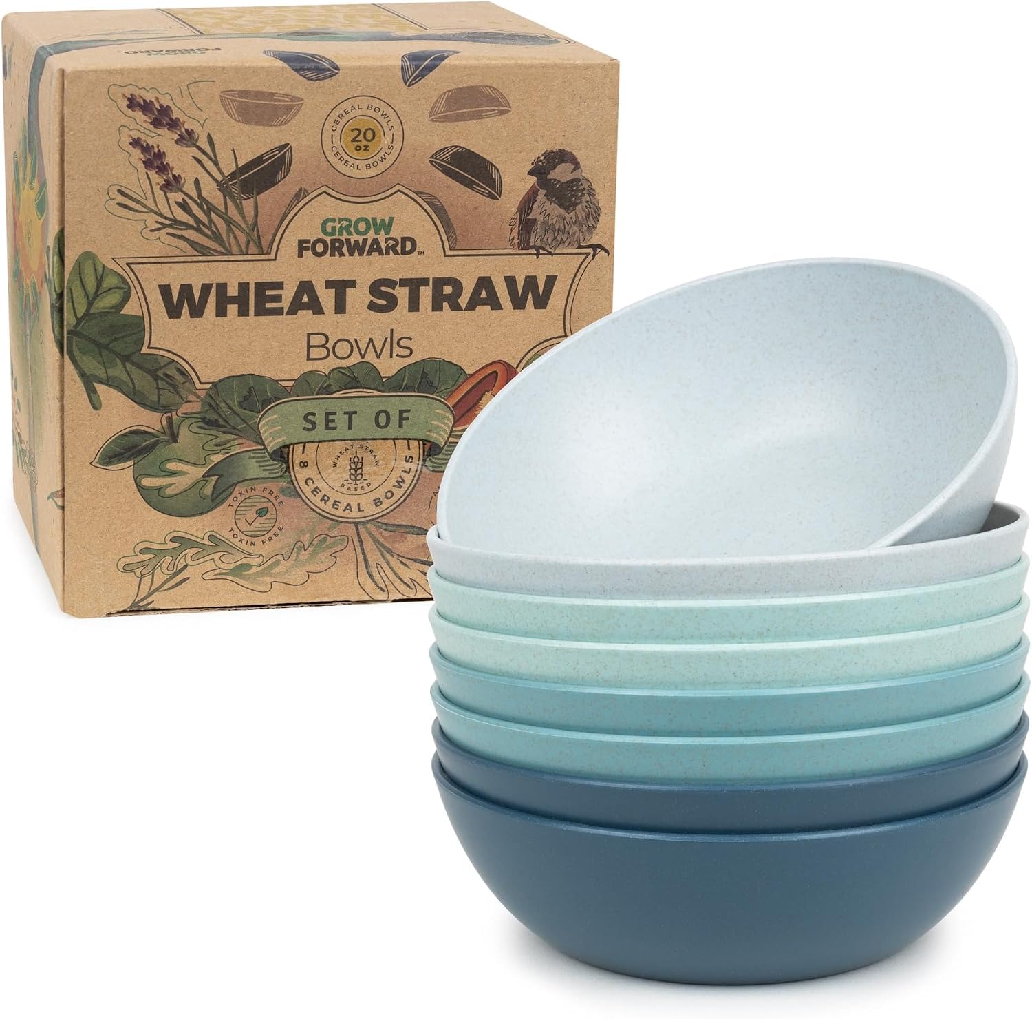 Grow Forward Premium Wheat Straw Bowls Set of 8 - Reusable 20oz Hard Plastic Cereal Bowls - Unbreakable Microwave Safe Bowls for Kitchen, Camping, RV, Dessert, Soup, Salad, Ramen - Seascape