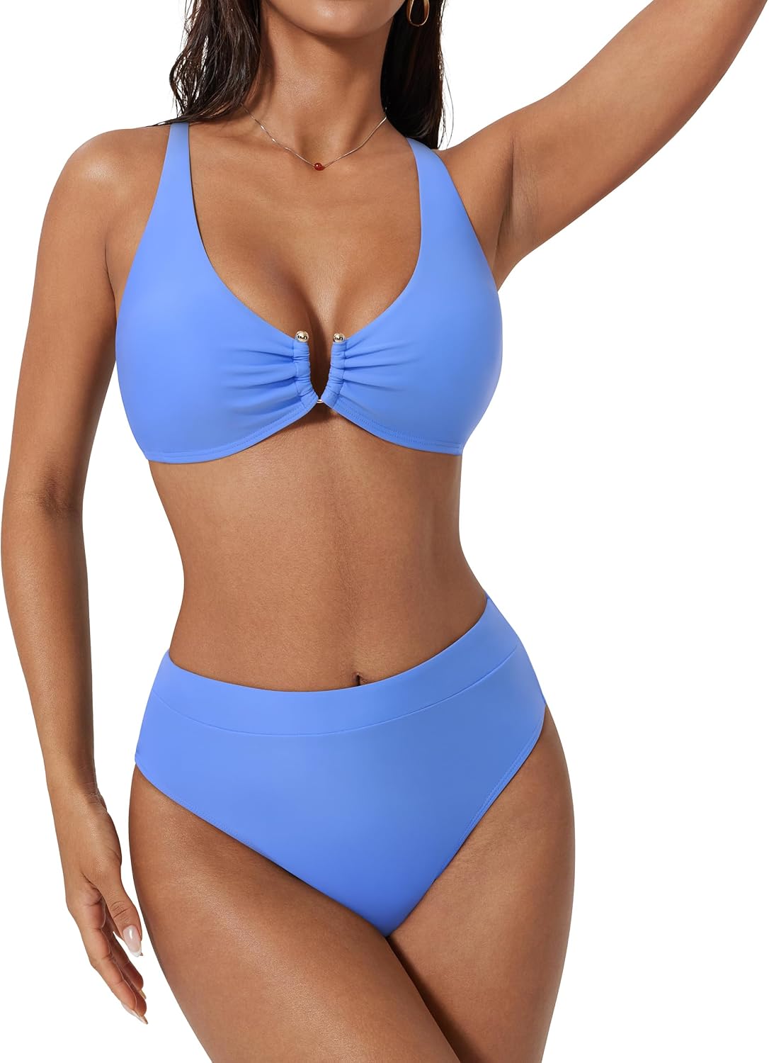 SUUKSESS Women 2 Piece Bikini Set U-Wire Cutout High Waisted Tummy Control Swimsuit