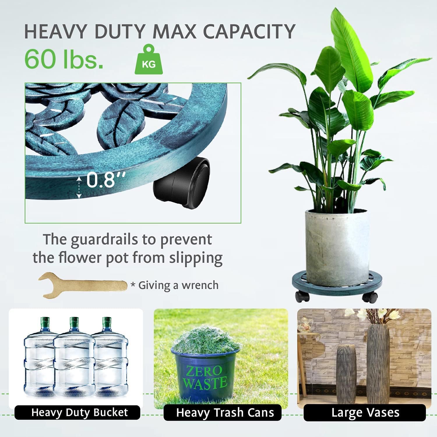 VIVOSUN 2-Pack Plant Stand, 11.8" Plastic Plant Caddy, Heavy Duty Plant Pot Holder, Flower Pot Stand with Wheels, Green