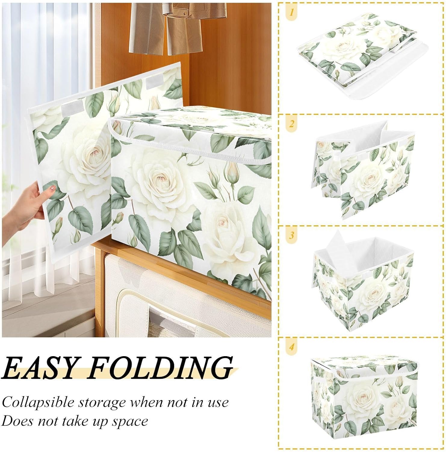 Flower Baskets Collapsible Storage Bins with Lids, White Rose Flower Storage Boxes Clothes Baskets for Organizing