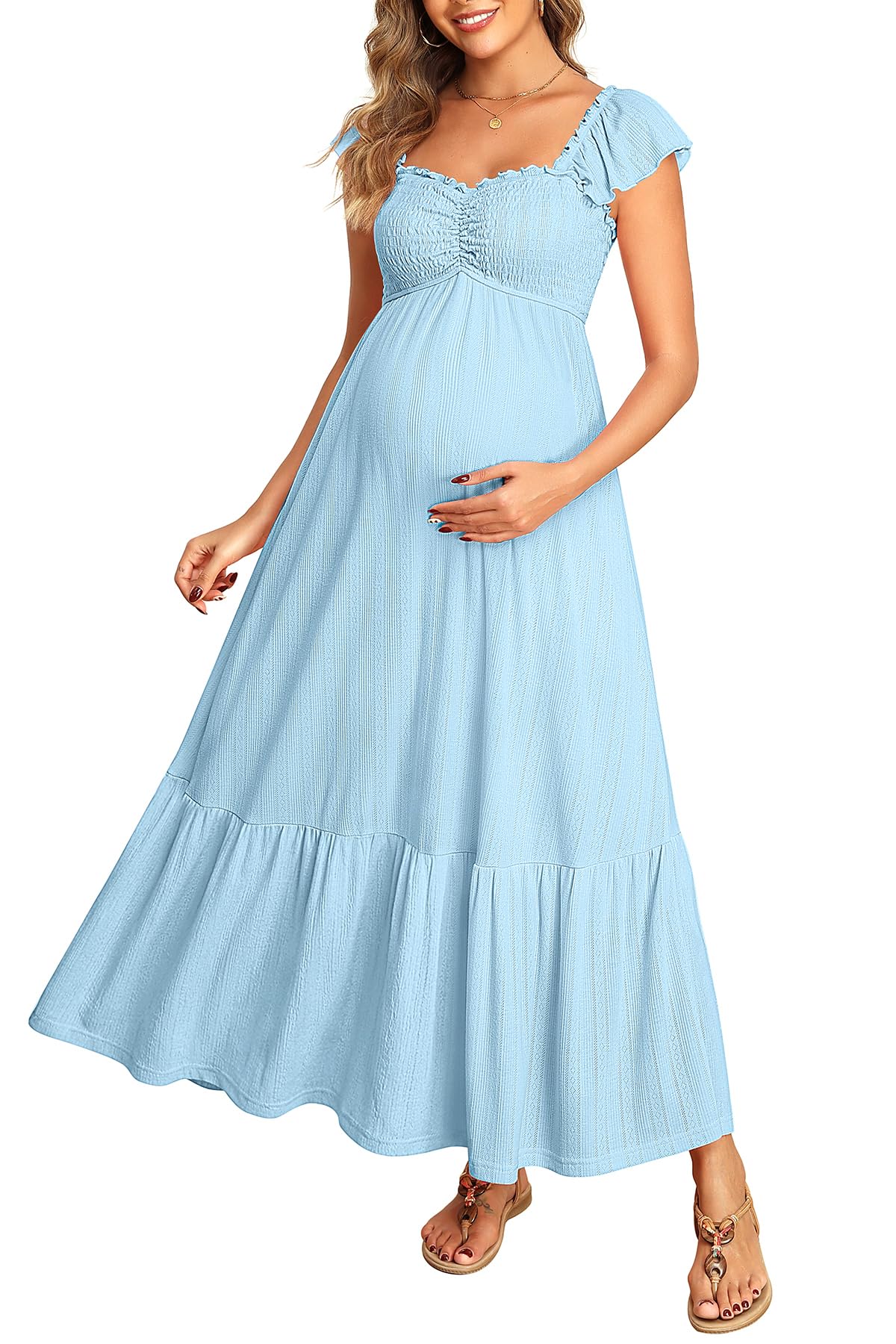 pinup fashion Maternity Photoshoot Dress - Baby Shower Pregnancy Summer Casual Textured Smocked Maxi Dresses-picture-17