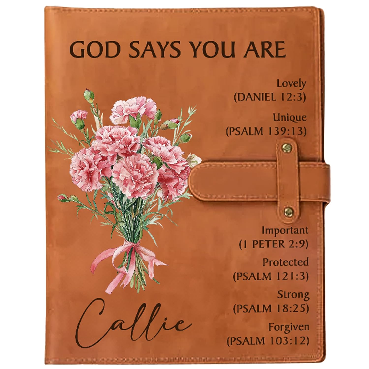 CALLIE Personalized A5 Leather Notebook Cover | Custom Name A5 Planner Cover | God Says You Are - Bible Verses Birth Flower Bouquet | Birthday Christmas Gifts for Her