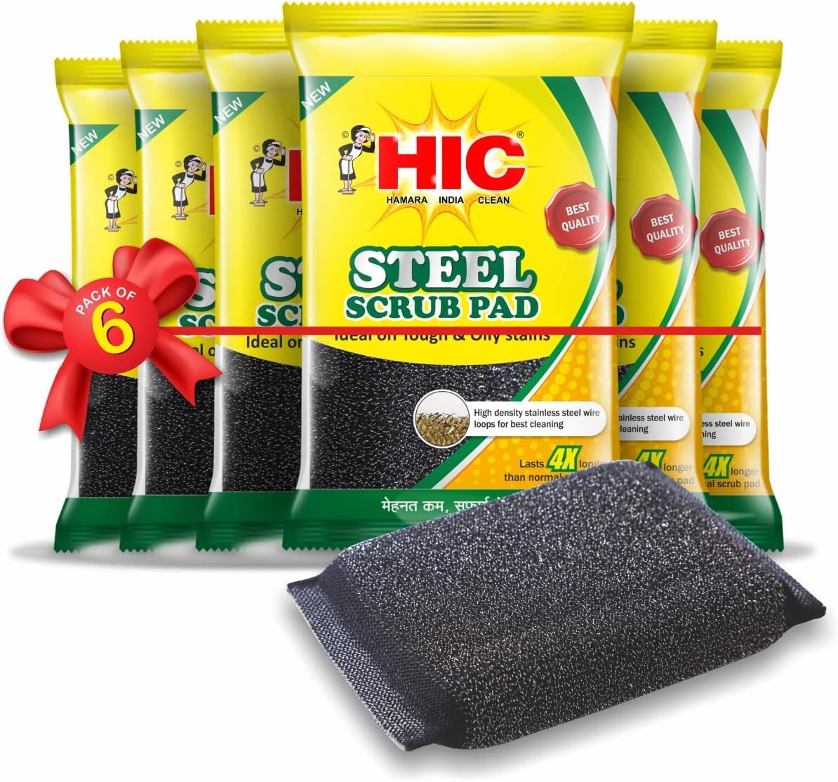 HIC HAMARA INDIA CLEAN Stainless Steel Scrub Scratch Proof Kitchen Utensil Dish wash, Steel Scrubber Pad ( Standard , Pack of 6)