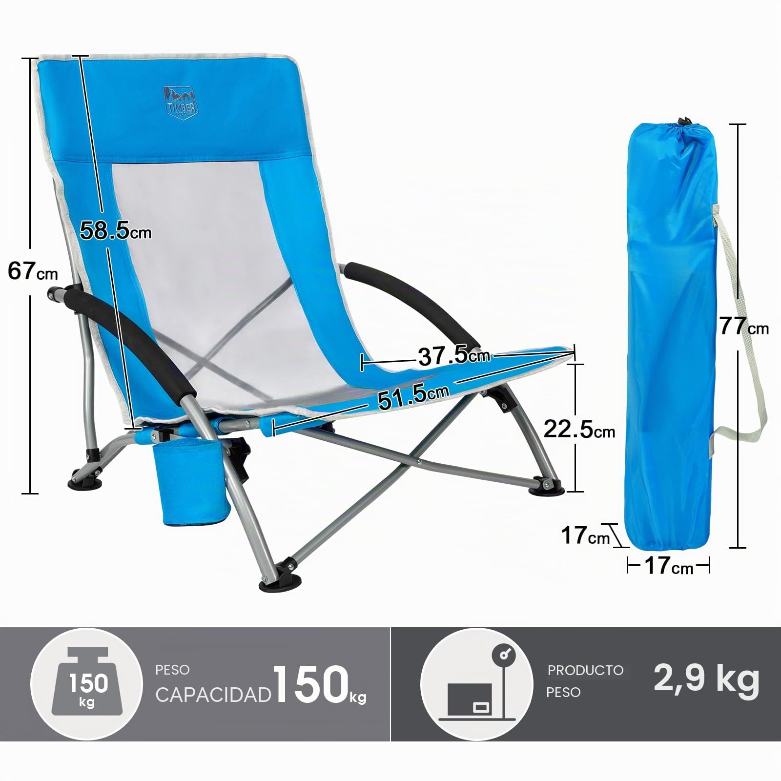 TIMBER RIDGE Silla Plegable de Playa Portátil Bajo Silla de Camping Espalda Alta en Malla Ultraligero con Bolsa de Transporte