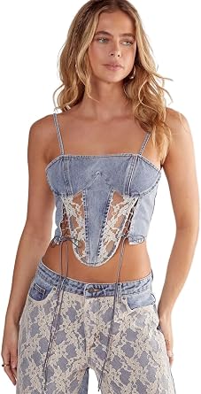 Nasty Gal Womens Lace Detail Denim Corset