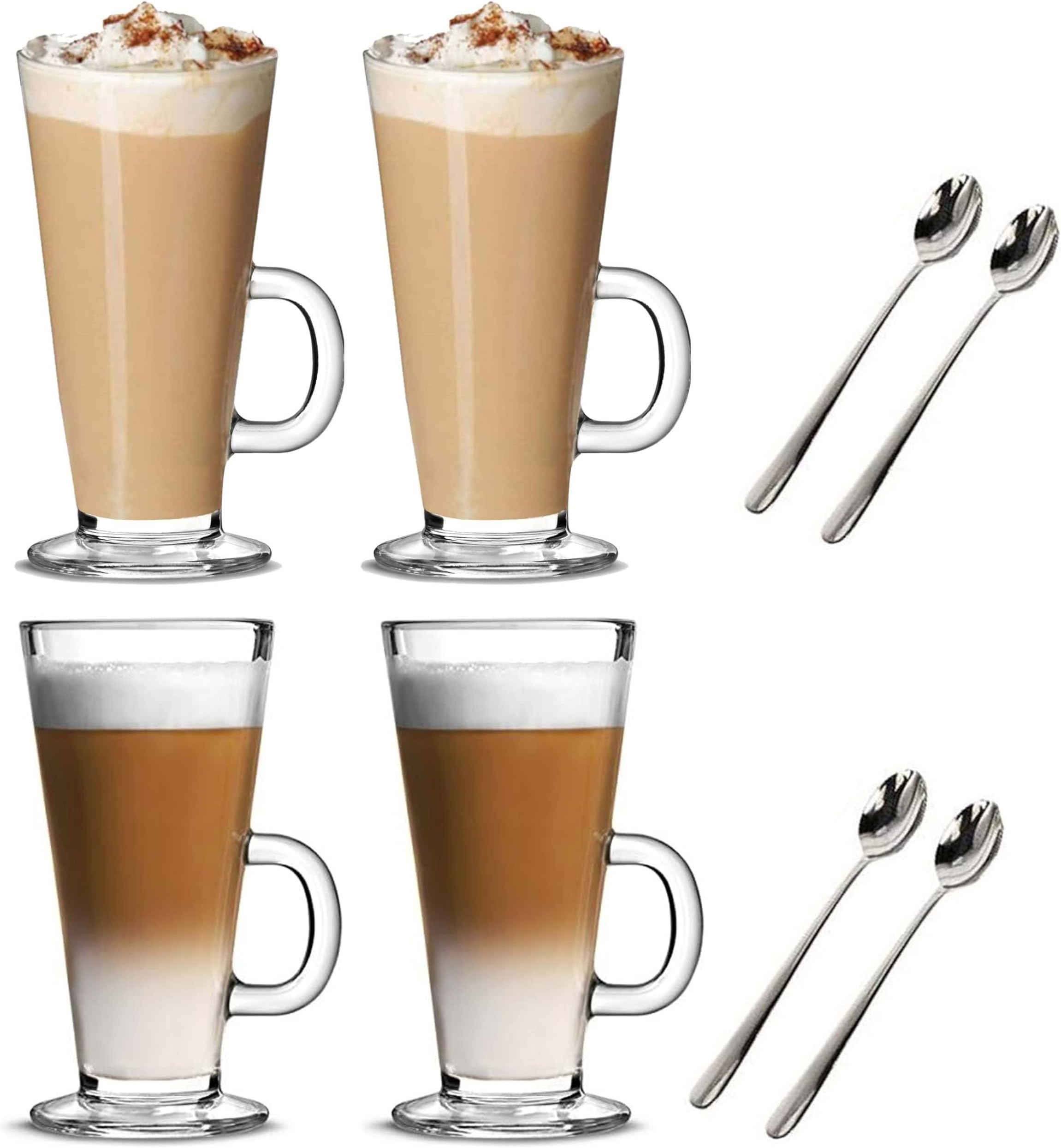 300ML Latte Glass Tea Coffee Cup Mug (Compatible with TASSIMO & Dolce Gusto) (4 Pack 300ML+Spoons)