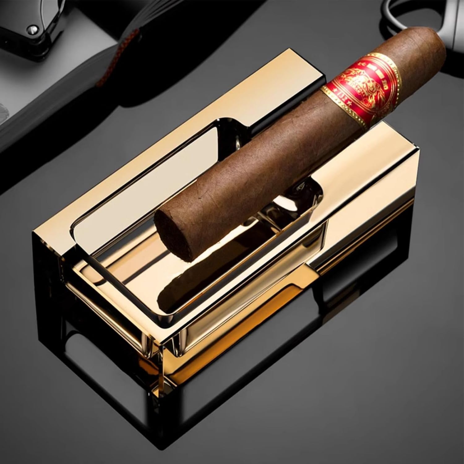 Cigar Ashtray Square Crystal Glass Large Slot Durable Cigarettes Ash Holder for Home,Office, Patio, Bars Et (Gold)