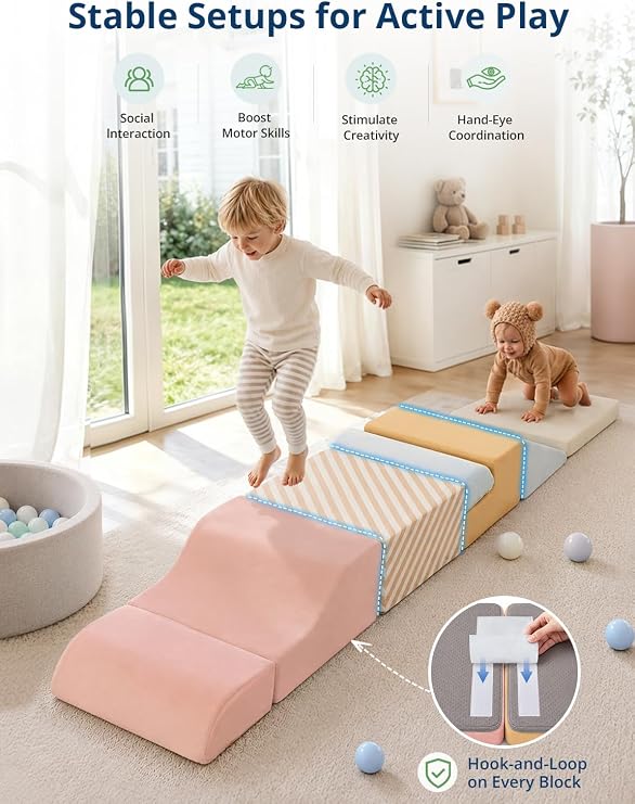 BlueWood Baby Foam Climbing Blocks, 7-Piece Soft Play Set for Crawling