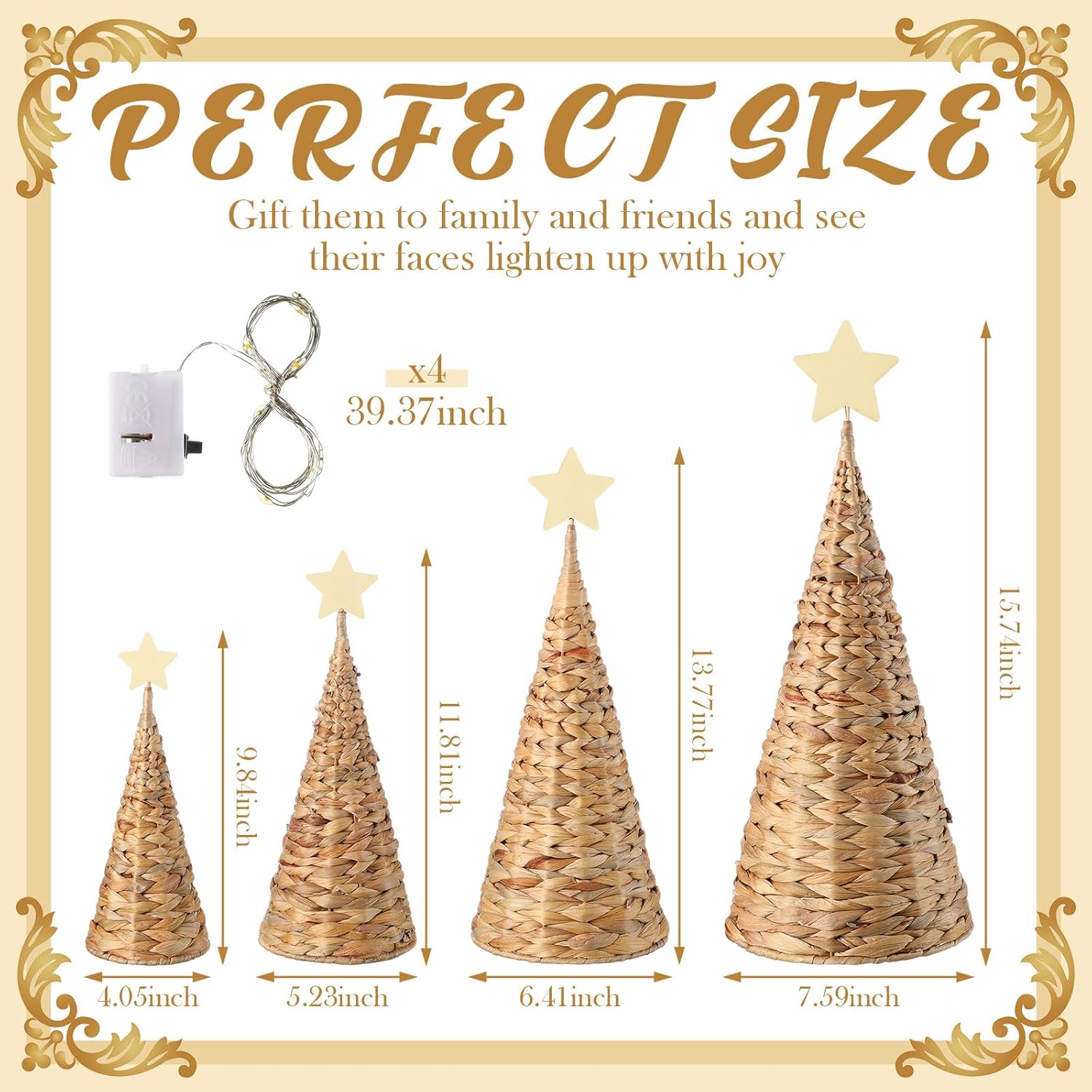 4 Pcs Rattan Christmas Trees Decor Lighted Natural Woven Cone Christmas Trees Table Decoration Lighted Rattan Cone Tree Centerpiece Farmhouse Rustic Xmas Signs for Home Tabletop Holiday Party