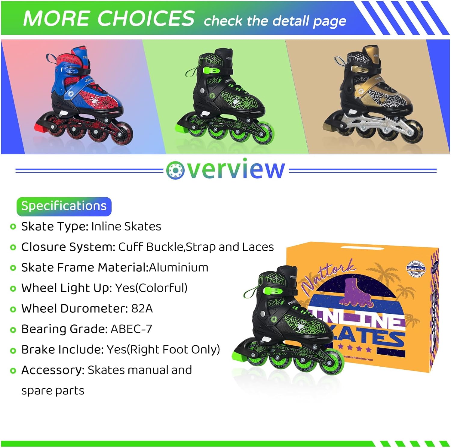 Nattork Adjustable Children's Inline Skates with PU Flash Wheels, Fun Inline Skates with Light-up Wheels, for Ages 4-12, Indoor/Outdoor Birthday Gift for Beginners,Kids and Youths Ages 4-12 8-12 5-8
