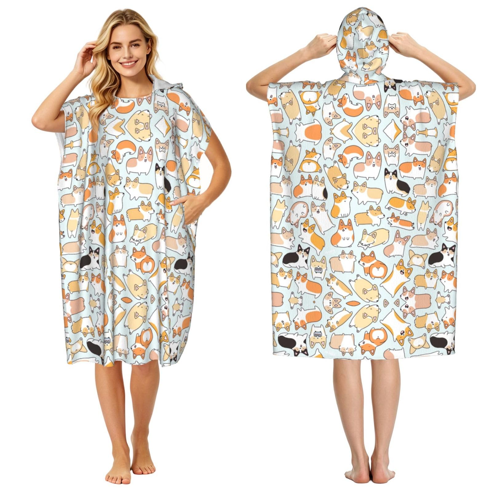 EZDLOWVBA Dog Print Hooded Poncho Microfiber Beach Towel,Adult Women & Men Changing Robe,Lightweight Summer Surf Swim Bath Poncho Towel