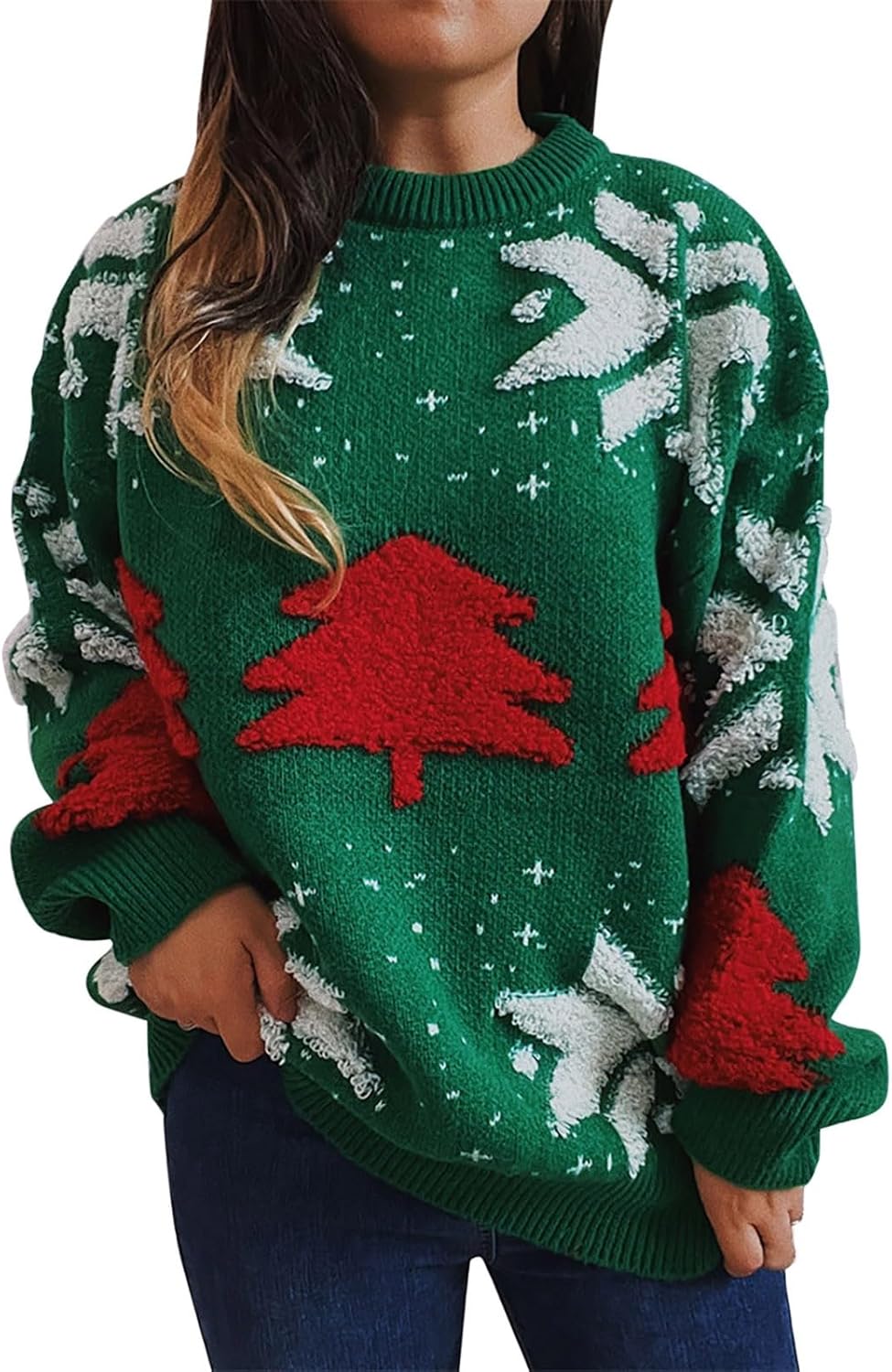 Womens Christmas Sweater Xmas Tree Snowflake Print Color