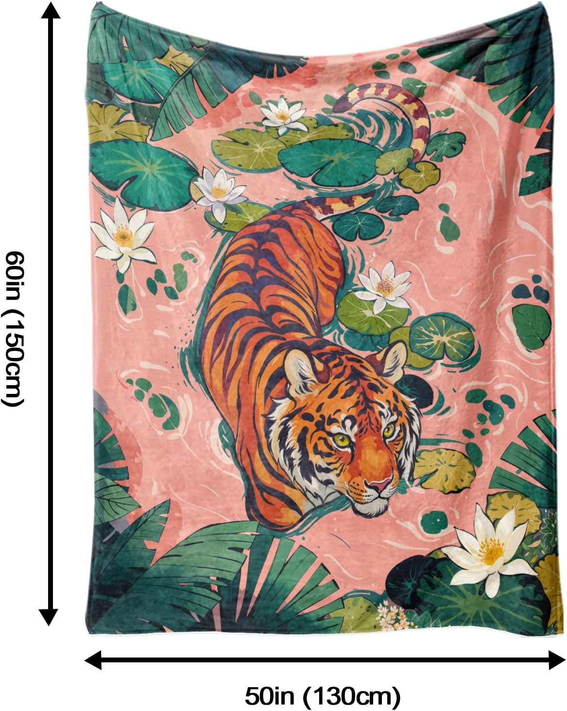 Tiger Blanket 50"x 60", Boho Vintage Tiger Print Water Lilies Tropical Flower Throw Blanket, Pink Green Soft Cozy Lightweight Flannel Throws Blankets Gifts for Women Men Couch Bed Sofa Chair Decor - Image 6