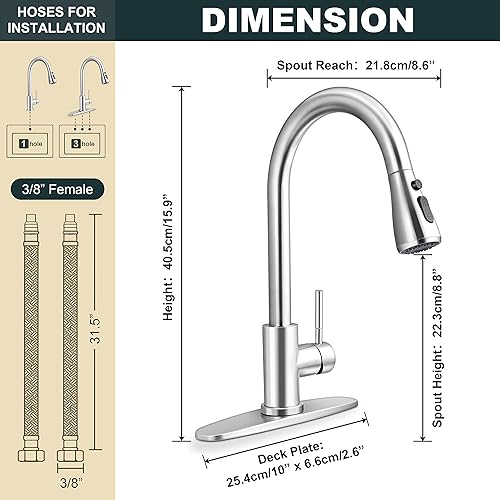 Miniatura 9 de Herogo - Grifo de fregadero de cocina sin contacto con rociador extraíble, níquel cepillado 1810 de acero inoxidable activado inteligente para