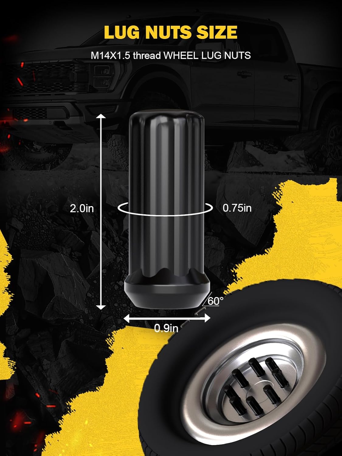 TIROL Black 24pcs M14x1.5 Spline Lug Nuts, Compatible with 95-20 Silverado 1500/Tahoe, 00-14 Suburban 1500, 07-20 Sierra 1500, 00-20 Yukon, One-Piece Design Acorn Wheel Lug Nuts - 2" Height 3/4" Hex