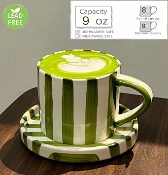Small 8oz Stylish Handmade Vertical Striped Coffee Mug Espresso Cups With Saucer, Hand painted Ceramic Cappuccino Mugs, Glazed Tea Cup, Microwave safe Latte art mug, Spring mug (Green)