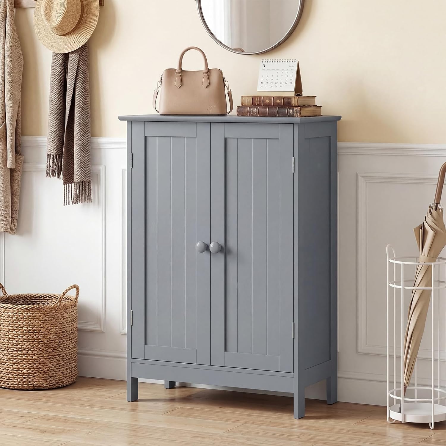 Bathroom Storage Cabinet, Wooden Floor Cabinet with 2 Doors and Adjustable Shelf, Freestanding Cabinet for Living Room, Bedroom, Bathroom, Entryway, 24" L x 12.5" W x 34.5" H (Grey)