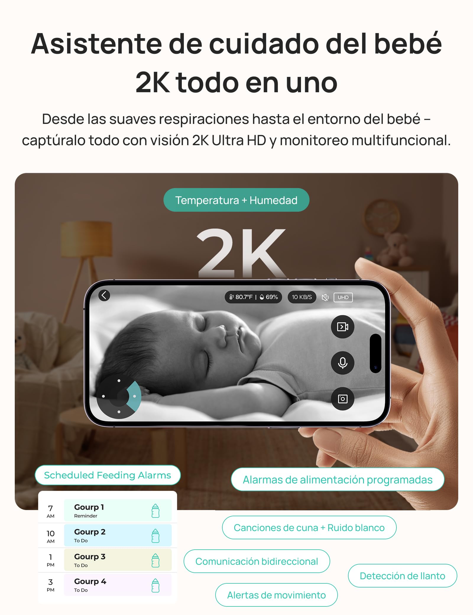 Dr.Care LumiView Plus Monitor Bebé WiFi con 2 Cámaras – Pantalla 5.5", Cámara 2K, Modo Privacidad, Batería 5000mAh, Luz RGB, Alertas Llanto y Movimiento, Visión Nocturna HD