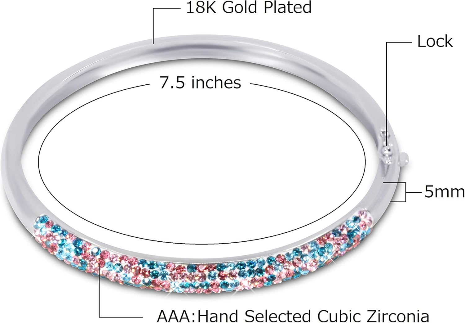 Savlano 18K White Gold Plated Round Cut Multicolor Cubic Zirconia Bangle Bracelet For Women - Image 3