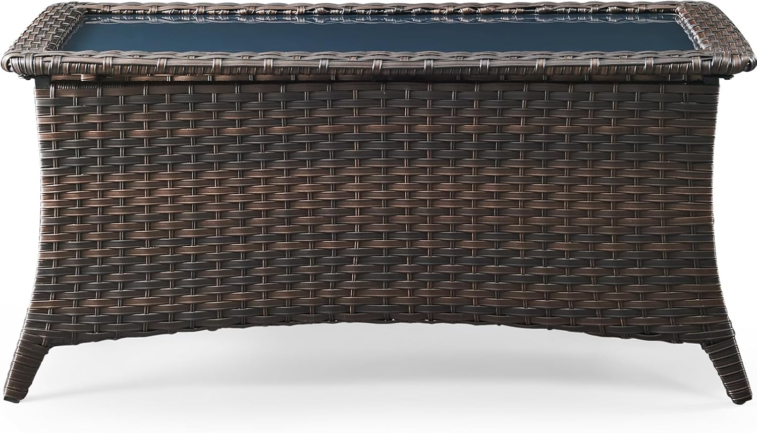 Patio Coffee Table for Outdoor Furniture Set - 2-Tier Storage Wicker Side Tables with Smooth Clear Tempered Glass Tabletop for Outside Wicker Rocking Swivel Chairs in Porch Deck Yard - Brown