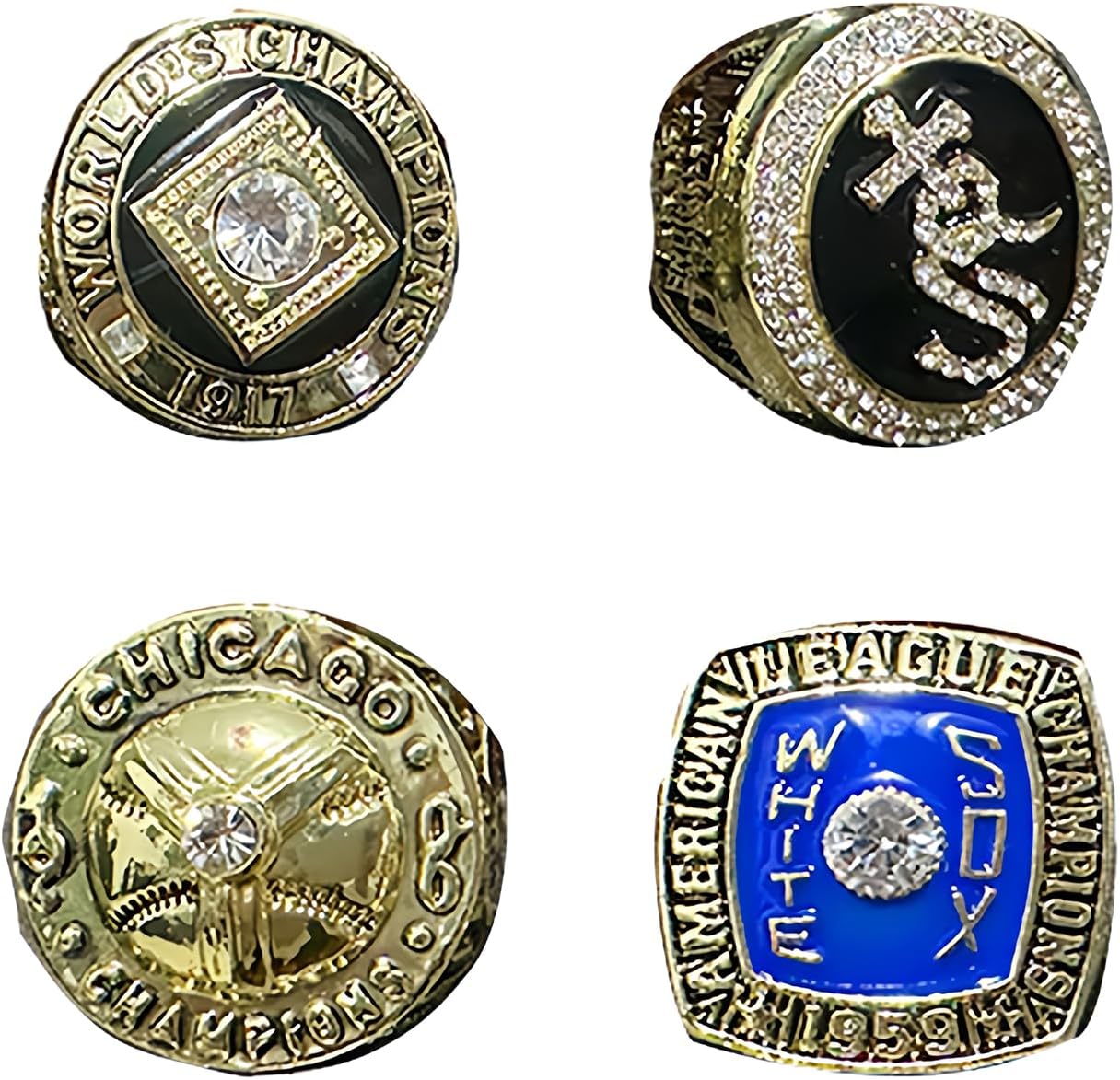 GIFT SET CHICAGO BASEBALL 1906 1917 1959 2005 WORLD CHAMPIONSHIP RING, 4 RINGS SET WITH 4-HOLE WOODEN DISPLAY BOX PACKAGING, HOLIDAY GIFT FOR BASEBALL FANS