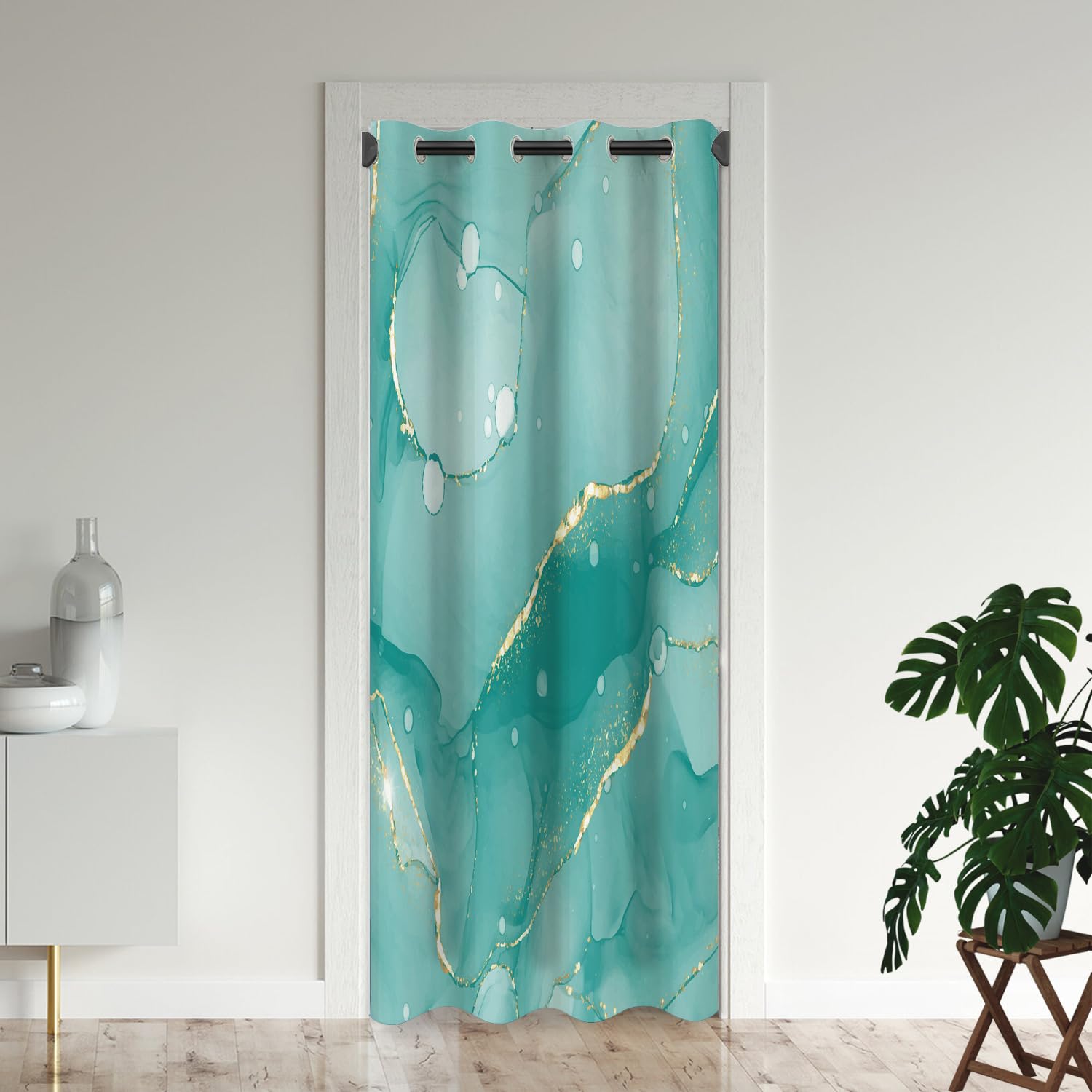 Abstract Marble Door Curtains for Doorways, Elegant Marbling Ink Art Green Blackout Curtain for Kids Bedroom Closet, Grommet Thermal Insulated Privacy Door Drapes for Room Divider, 34