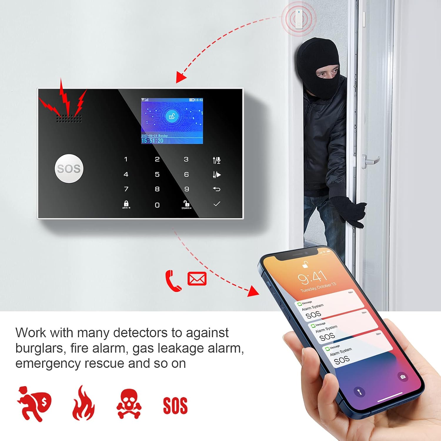 YISEELE alarm system working with various detectors against burglars, fire, gas leakage, and for emergency rescue.